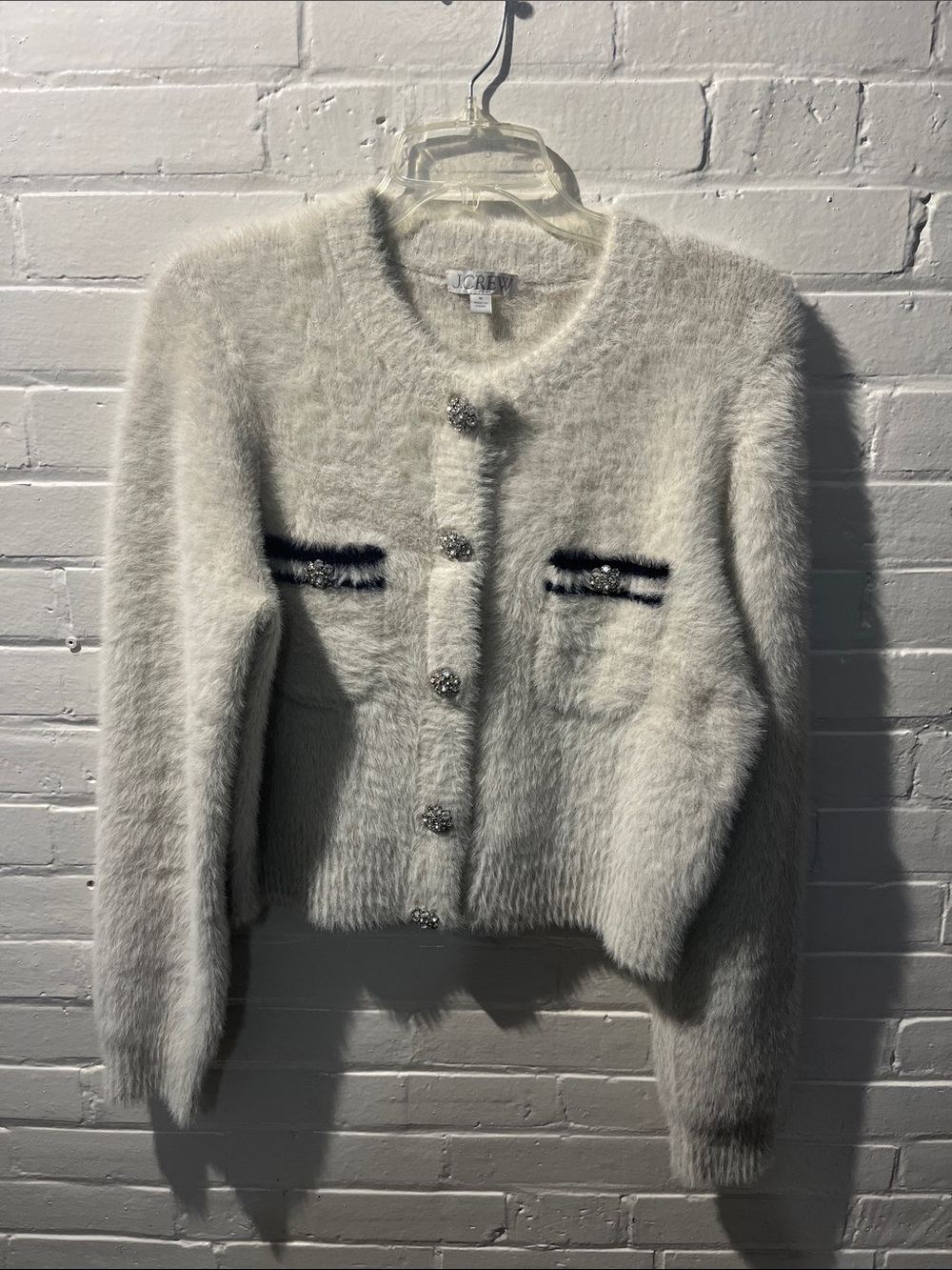 J. Crew Ivory Fuzzy Crystal-Button Cardigan with Navy Trim